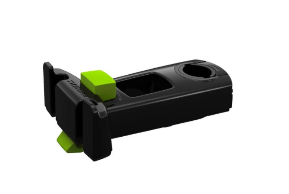 Schwarzer Basil Klickfix Ahead Stem Halter für Fahrrad-Lenkerrohre mit grünen Details.