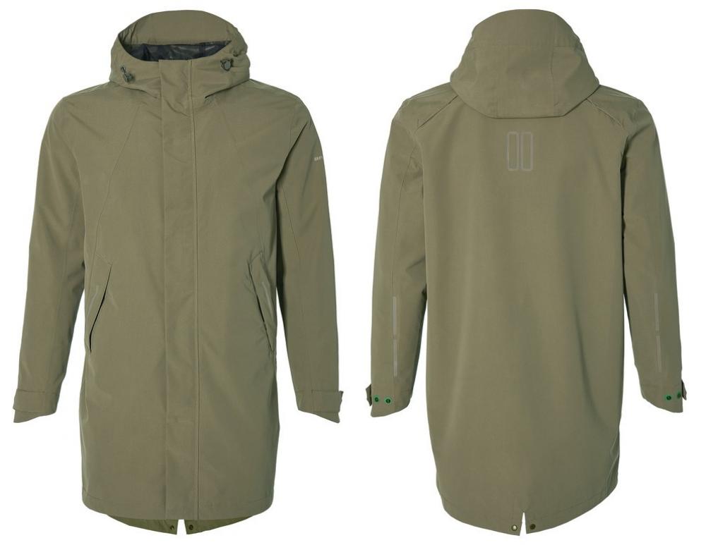 Basil Mosse Herren Regenparka olivgrün mit Kapuze und Reflektoren, Vorder- und Rückansicht.