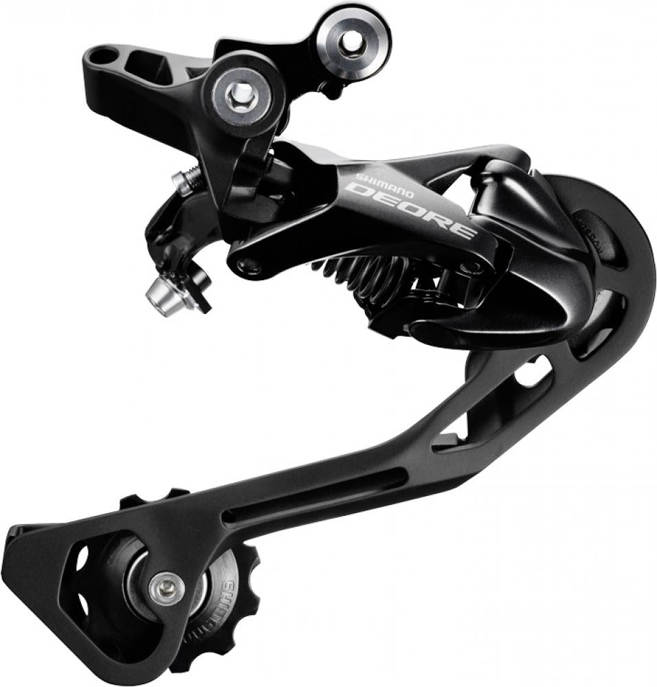 Schwarzes Shimano Deore RD-T6000 10-fach Direktmontage Schaltwerk mit langem Schaltkäfig.
