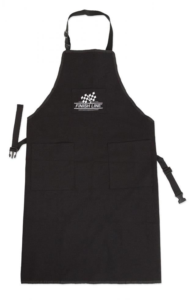 Schwarze Finish Line Werkstattschürze, verstellbar, mit zwei Taschen, ideal für die Fahrradwerkstatt.