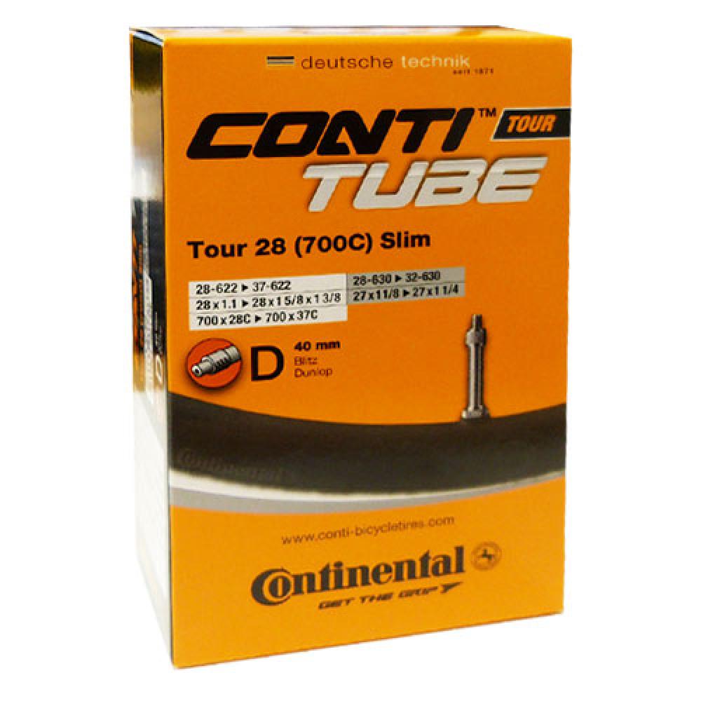 Continental Schlauch Tour 28 Slim 28-37/622-642 mit 40 mm Dunlop-Ventil in orangefarbener Verpackung.