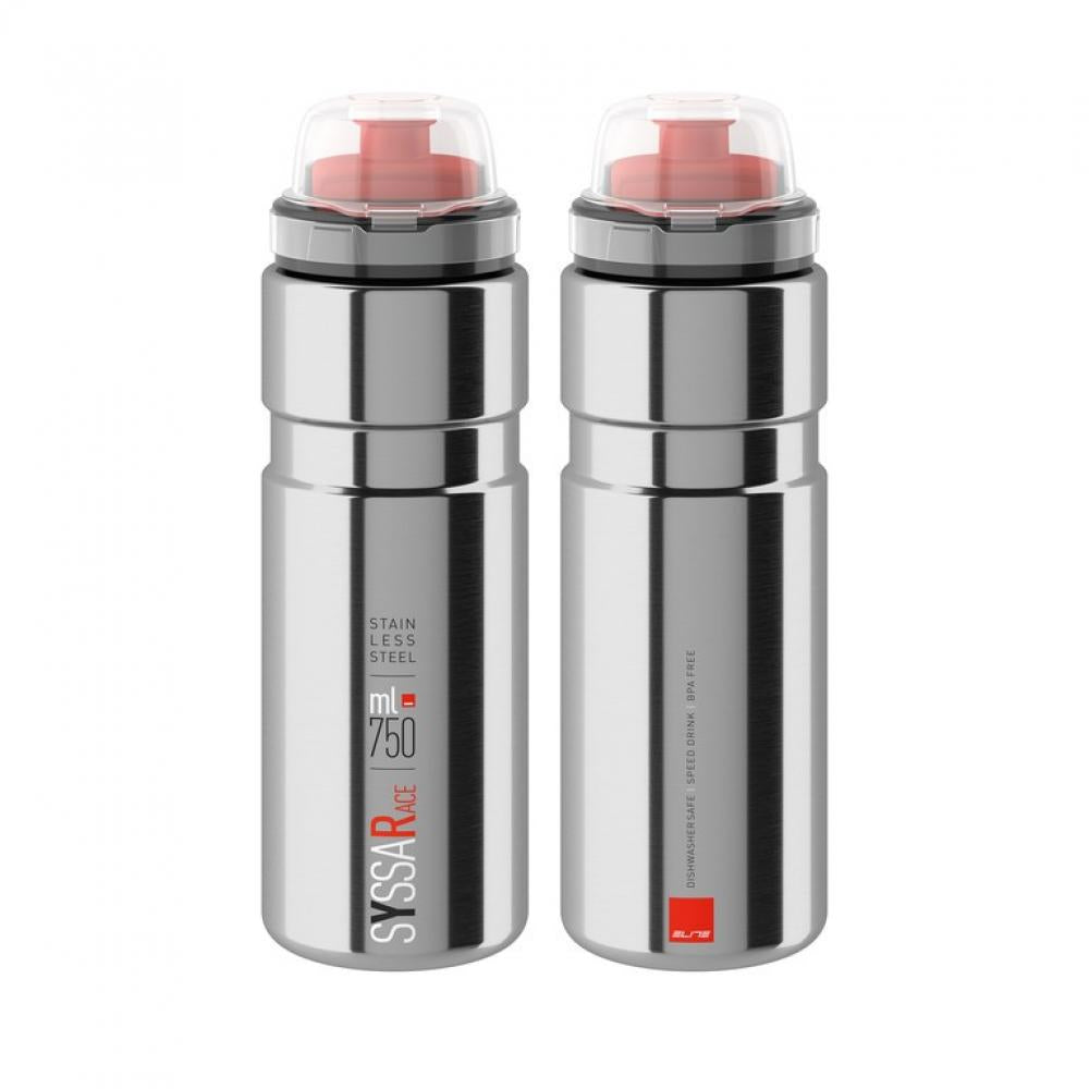 Elite Syssa Race 750 ml Trinkflasche aus silber glänzendem Edelstahl für das Fahrrad.
