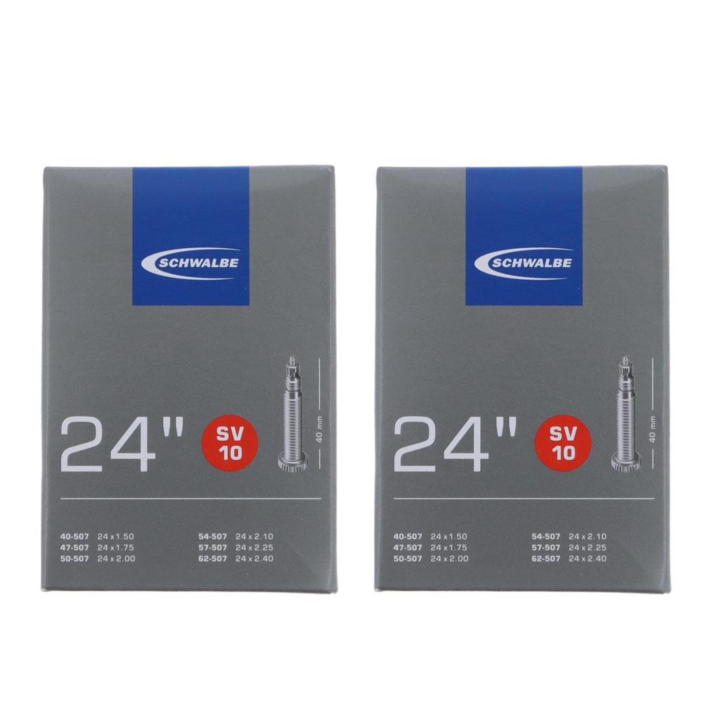 Schwalbe 2er Pack Fahrradschläuche SV10, 24 Zoll, ETRTO 47-507 bis 62-507, in grauen Kartons.