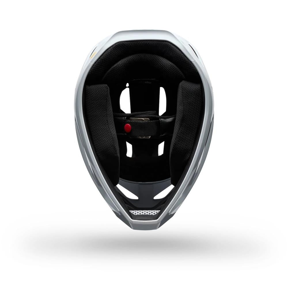 FOX Rampage Fullface MTB-Helm weiß, Gr. S, Mips, Innenansicht mit schwarzer Polsterung und rotem Verschluss.