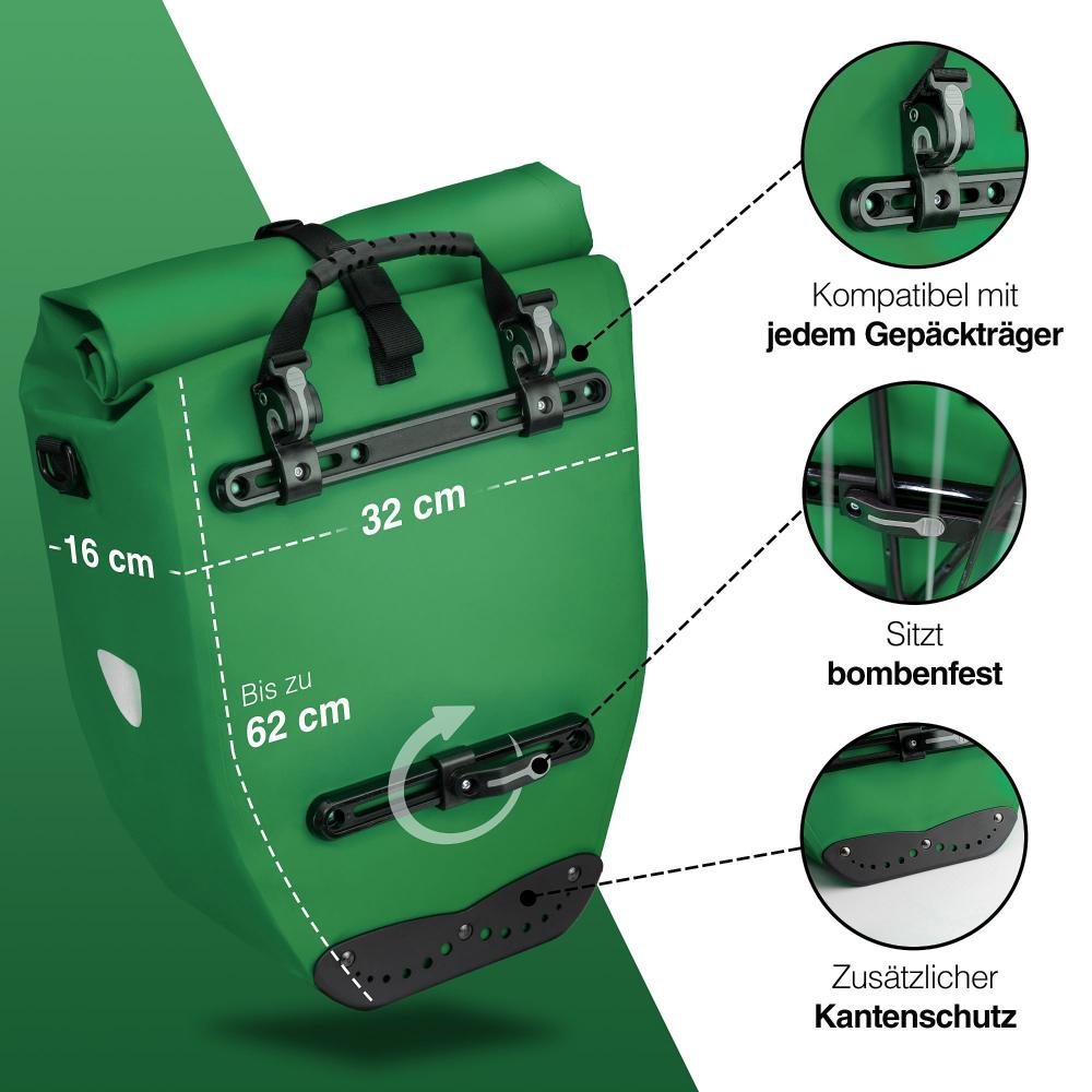 Valkental ValkBasic grüne 28L Fahrradtasche mit Maßen (32x16x62cm), sicherer Befestigung & Kantenschutz.