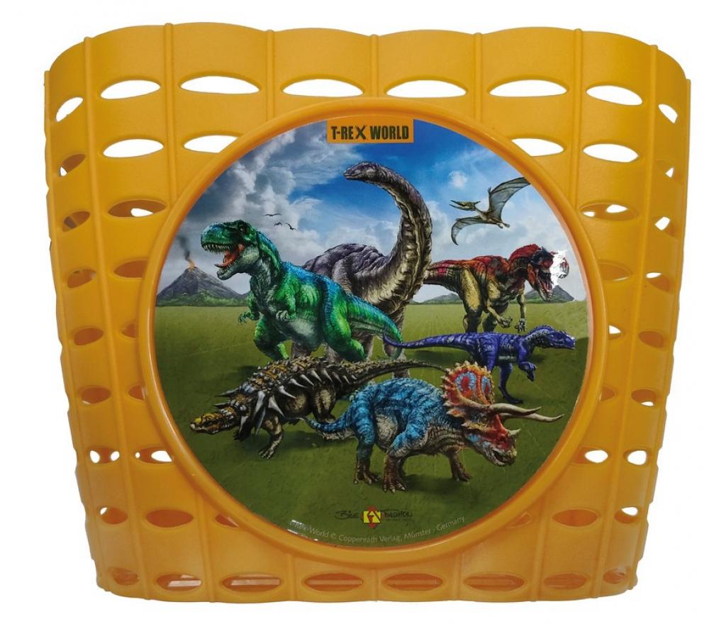 Bike Fashion Kinderkorb T-Rex World gelb, mit bunten Dinosauriern und Flugsauriern vor Vulkan.