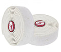 Zwei Rollen weißes SRAM SuperCork Lenkerband aus Vinyl mit Sprenkeln und rotem Logo.