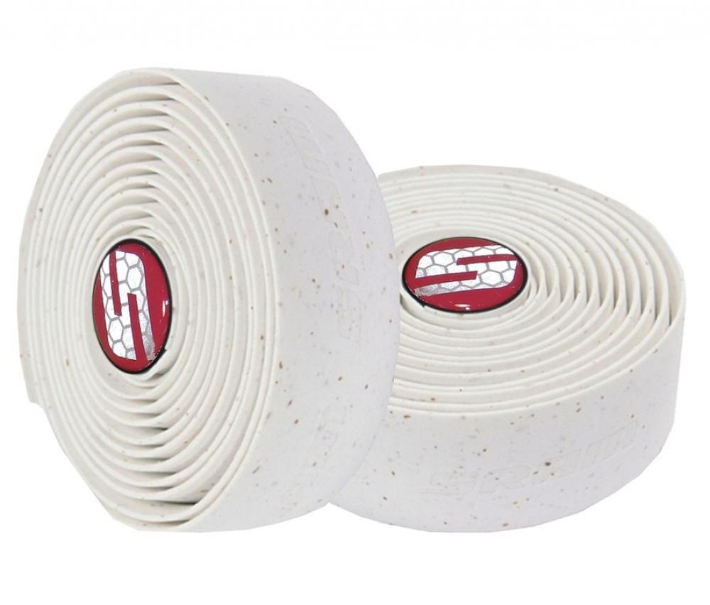 Zwei Rollen weißes SRAM SuperCork Lenkerband aus Vinyl mit Sprenkeln und rotem Logo.