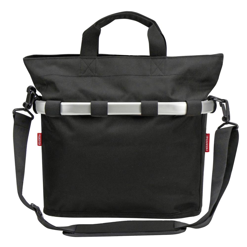 Schwarze KLICKfix Reisenthel Fahrradtasche Bikebasket oval mit Tragegriffen, Schultergurt und silbernem Rahmen.