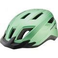 Grüner Merida Commute Fahrradhelm, leicht, mit schwarzem Visier und LED-Rücklicht.
