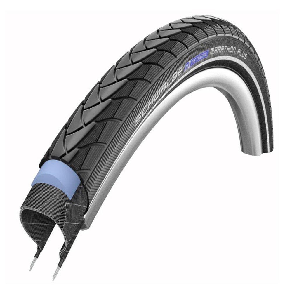 Schwalbe Marathon Plus 28 Zoll Reifen Querschnitt mit blauem Pannenschutzgürtel und Reflexstreifen.