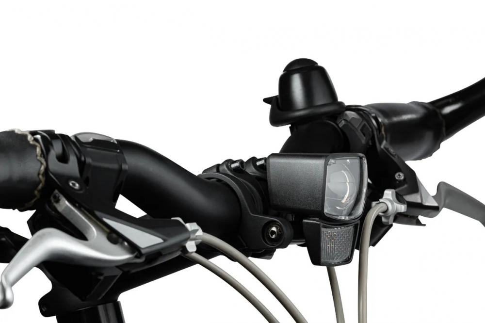 Schwarze Axa Lenkerhalterung für Scheinwerfer NXT (Ø 25-25.4mm) am Fahrradlenker mit Licht, Klingel, Bremsen.