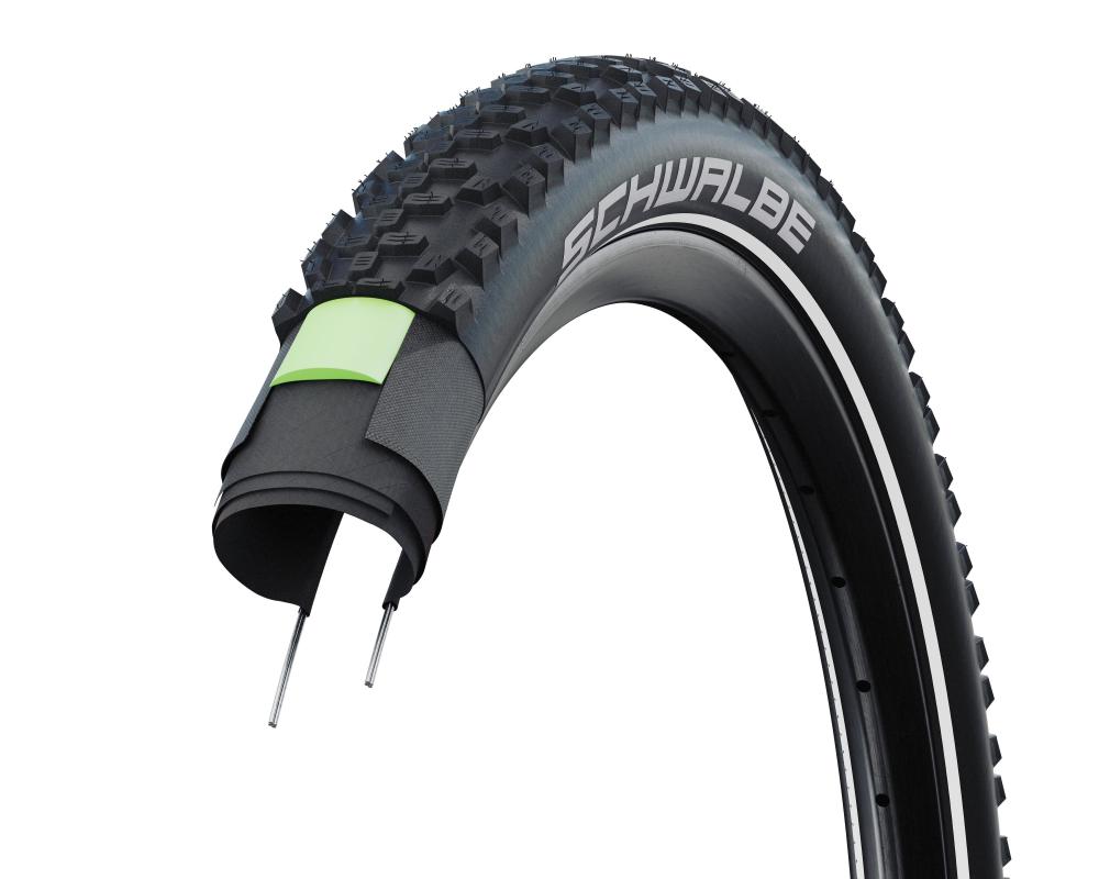 Schwalbe Smart Sam Plus Performance MTB Drahtreifen, schwarz/reflex, Querschnitt mit Profil und Pannenschutz.