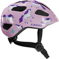 LAZER Nutz 2.0 KinetiCore Kinder-Fahrradhelm in Rosa mit weißen Einhörnern und violetten Mähnen.
