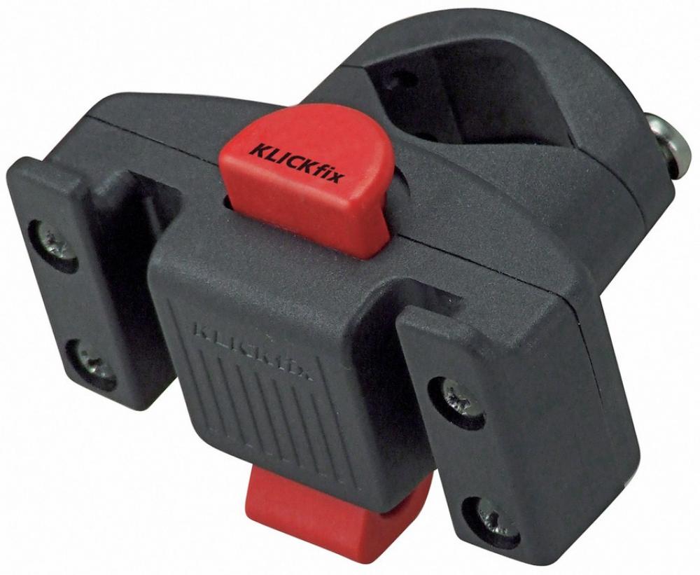 Klickfix Lenkeradapter Caddy schwarz. Fahrrad-Lenkerhalterung mit roten Klickfix-Knöpfen.