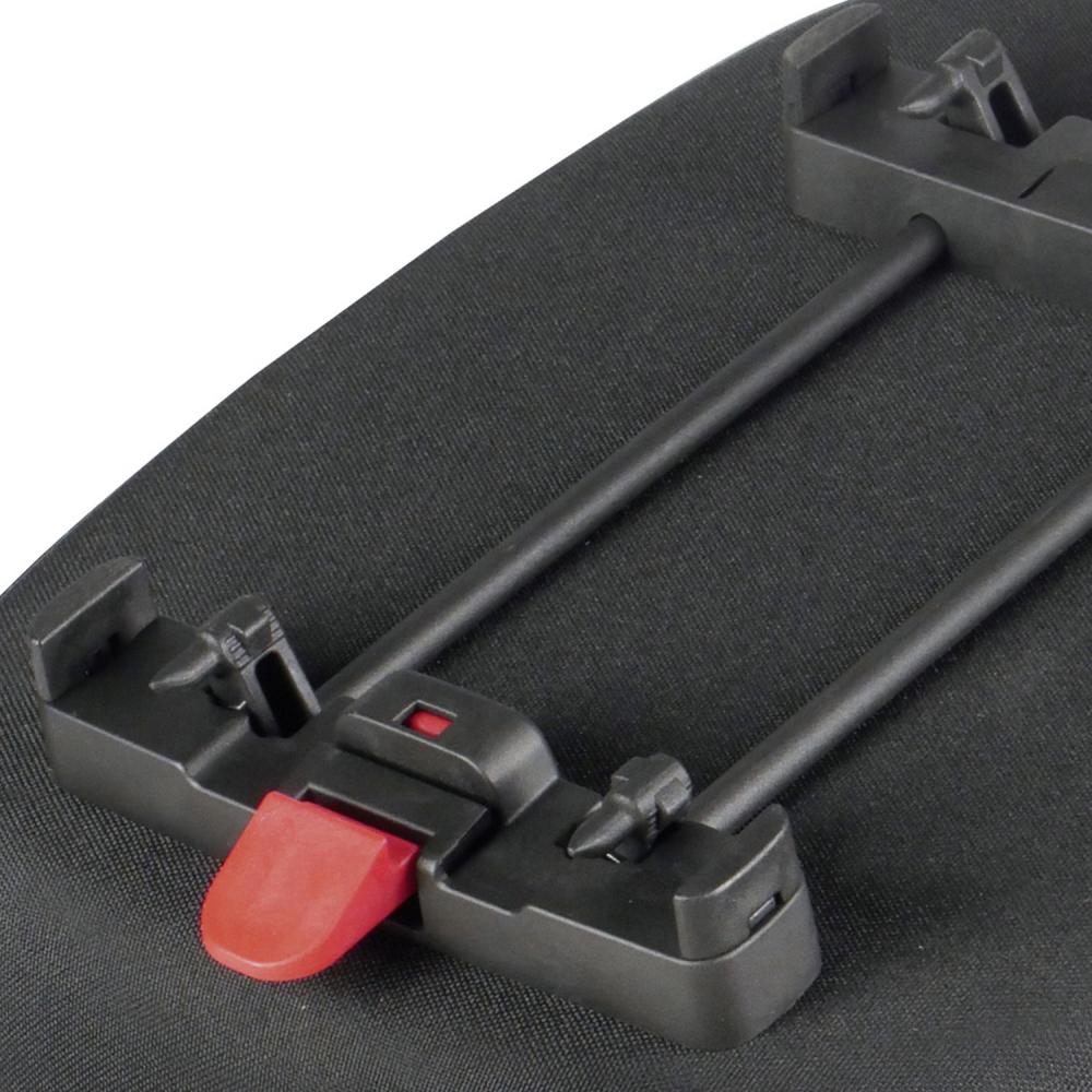 KLICKfix Carrybag GT Fahrradkorb Befestigung für Racktime, schwarz, mit rotem Schnellverschluss.