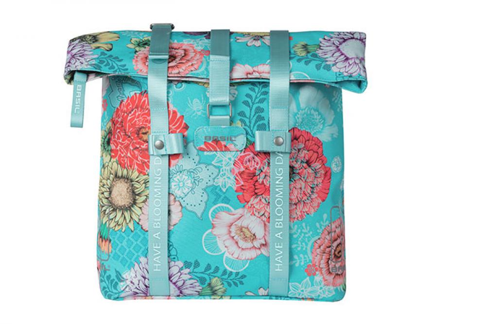 Basil Bloom Field Schultertasche Himmelsblau mit buntem Blumenmuster, 20l Fahrrad Shopper Tasche.
