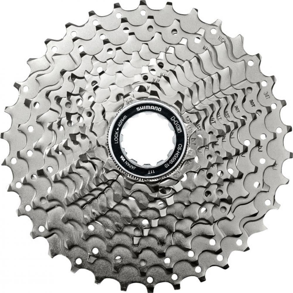 Shimano CS-HG500 10-fach Kassette 11-34Z, silberne Fahrradkassette mit abgestuften Ritzeln in der Draufsicht.