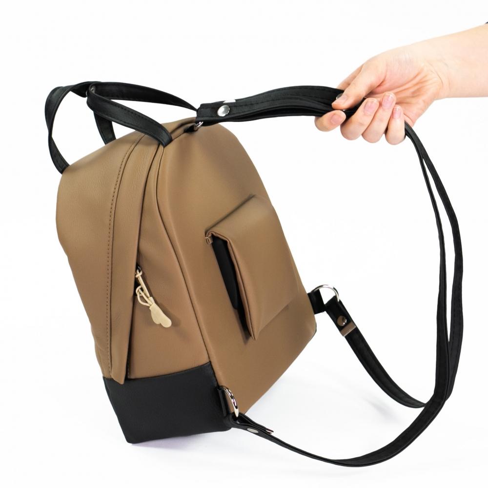 Haberland Rucksack-Lenkertasche Bella in Hellbraun/Beige und Schwarz, als Rucksack von Hand gehalten, ideal für E-Bikes.