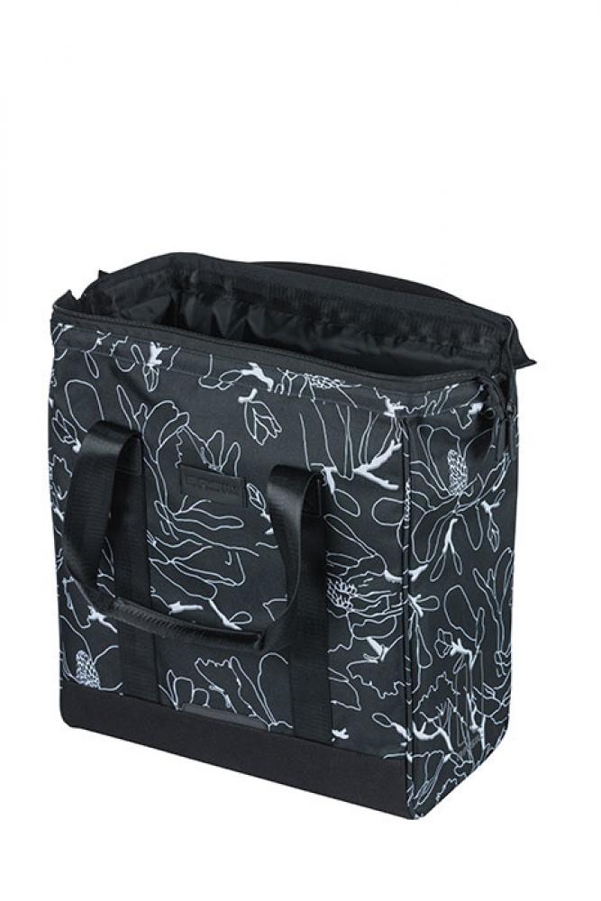 Basil Shoppertasche Grand Flower schwarz, 23l, mit Blumenmuster, offen, Hook On-System für Fahrrad.