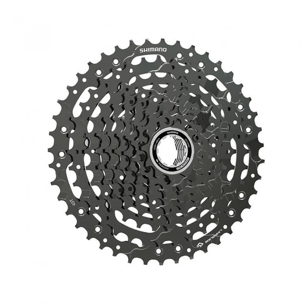 Dunkelgraue SHIMANO LINKGLIDE CS-LG400 10-fach Kassette mit 11-48 Zähnen.