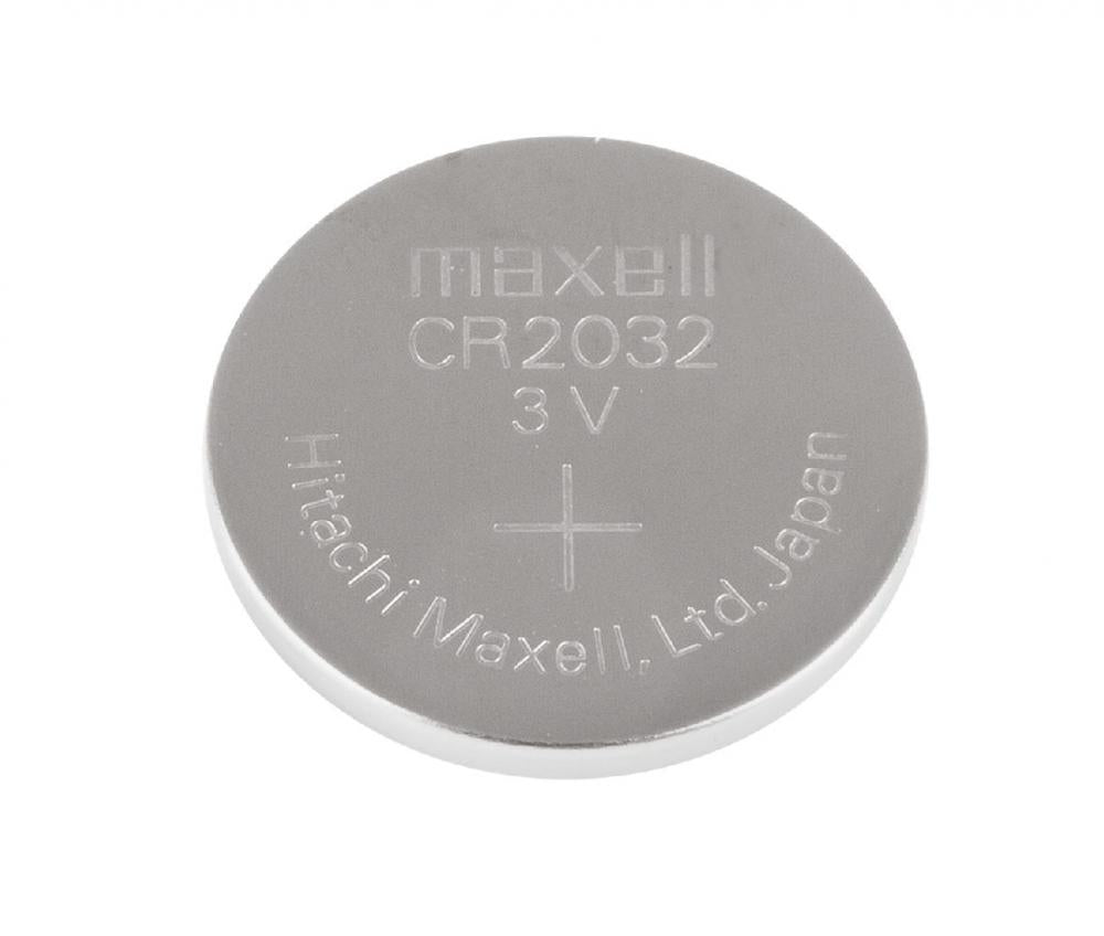 Maxell CR2032 Lithium 3V Knopfzelle Batterie, silber, mit Aufschrift auf weißem Hintergrund.