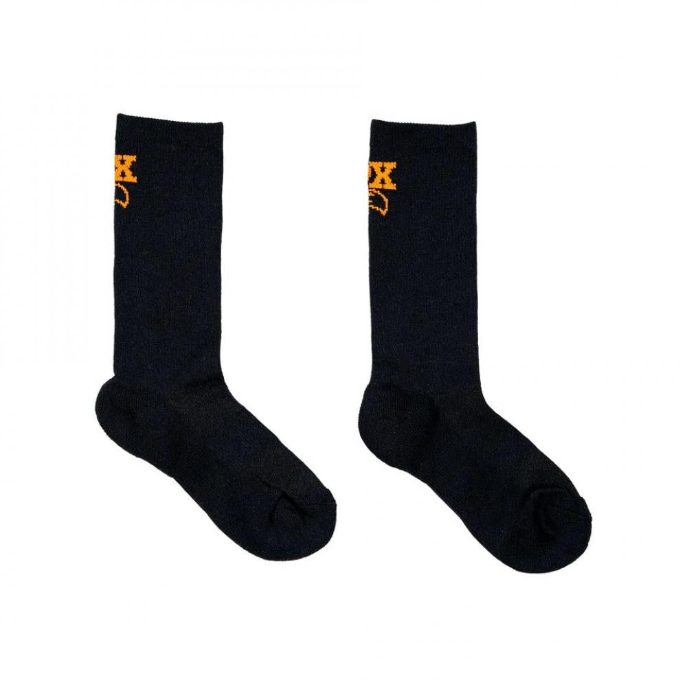 Schwarze FOX Foxsox Radsportsocken mit orangefarbenem Logo, Coolmax, Größe S/M.