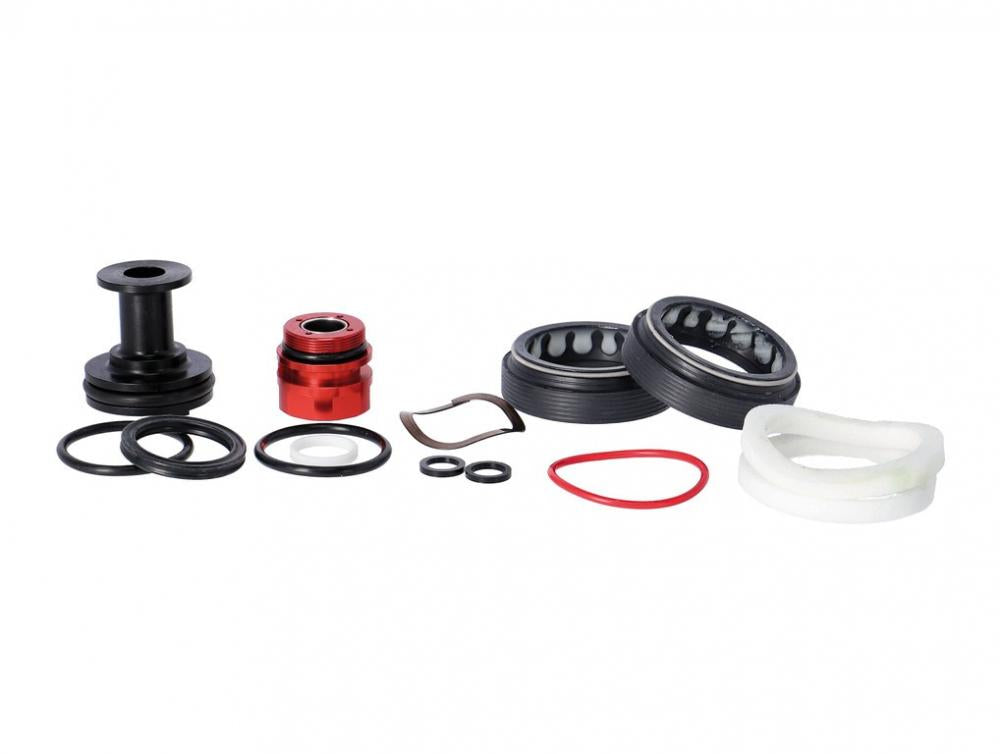 RockShox Federgabel Service-Kit Pike B1 DA 2018+ mit allen Dichtungen und Kleinteilen auf weißem Hintergrund.
