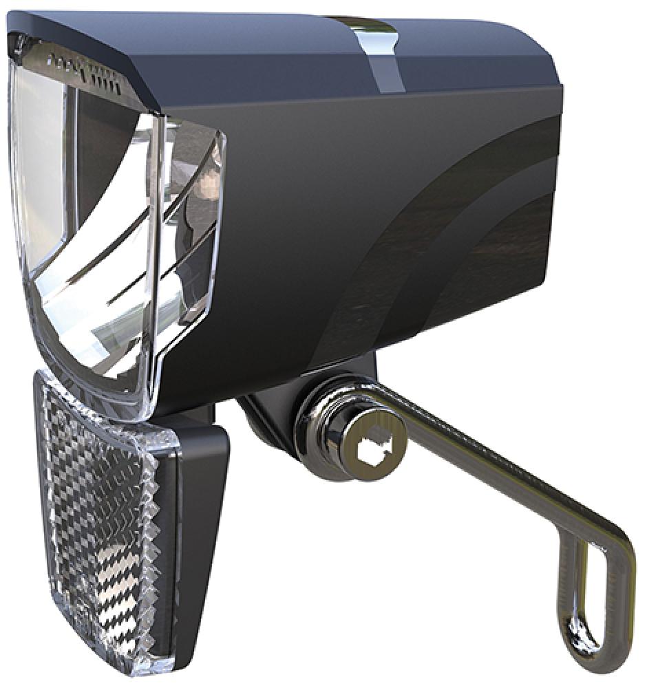 UNION E-Bikebeleuchtung vorn 50 Lux, schwarze LED-Fahrradlampe mit Halterung und integriertem Reflektor.