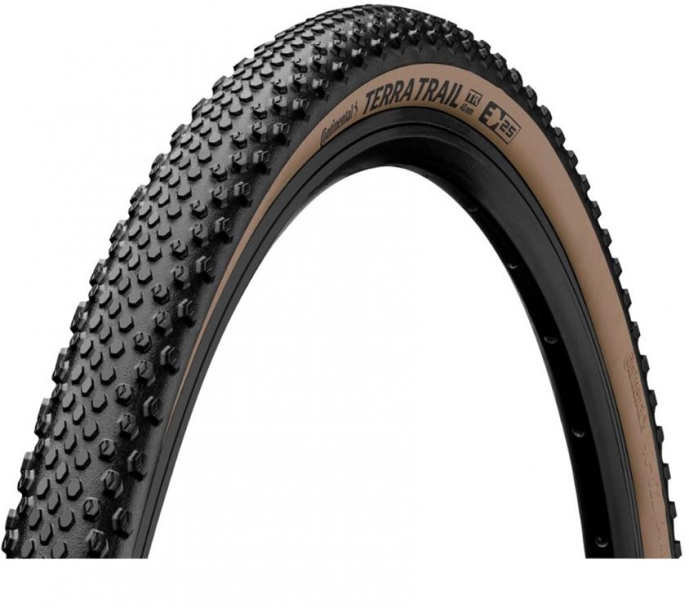 Continental Terra Trail Gravel Reifen mit ShieldWall System, ETRTO 45-622, Faltreifen und brauner Seitenwand.