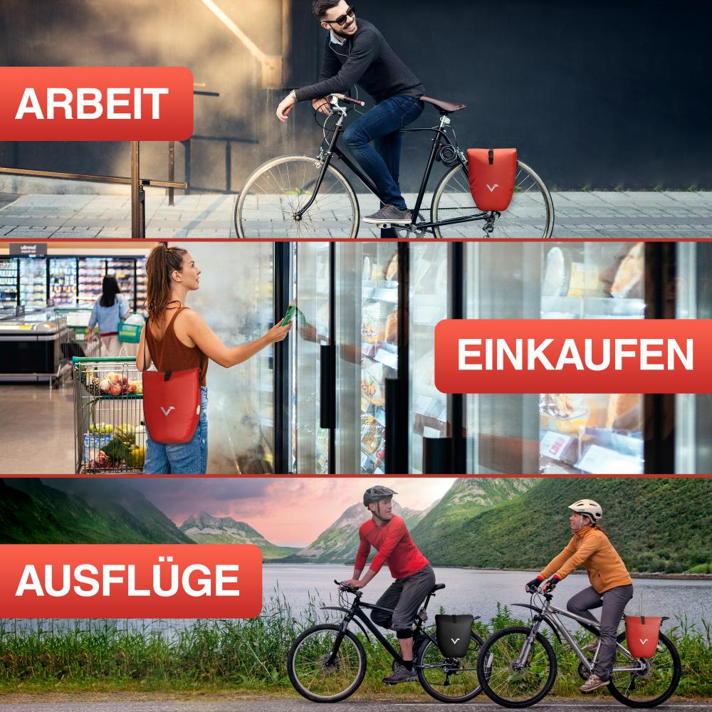 Valkental Gepäckträgertasche ValkBasic rot 20L am Fahrrad für Arbeit, Einkauf und Ausflüge.