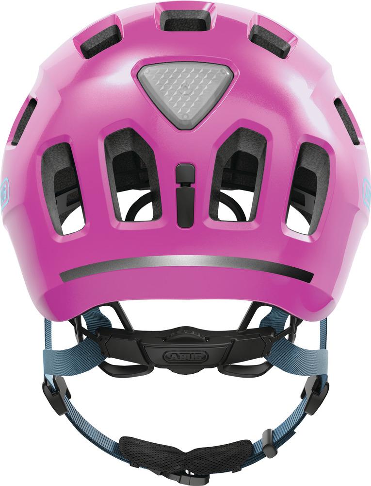 Abus Kinderhelm Youn-I 2.0 sparkling pink M, Rückansicht mit Reflektor und Verstellsystem.