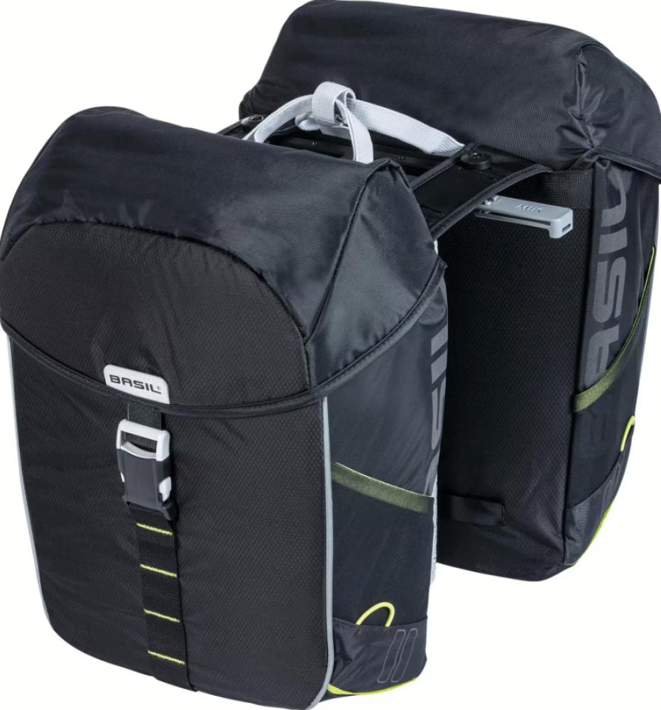 Schwarze Basil Miles MIK 2.0 Doppeltasche 34L, wasserdichte Fahrrad-Gepäckträgertasche mit Rollverschluss & MIK 2.0 Platte.