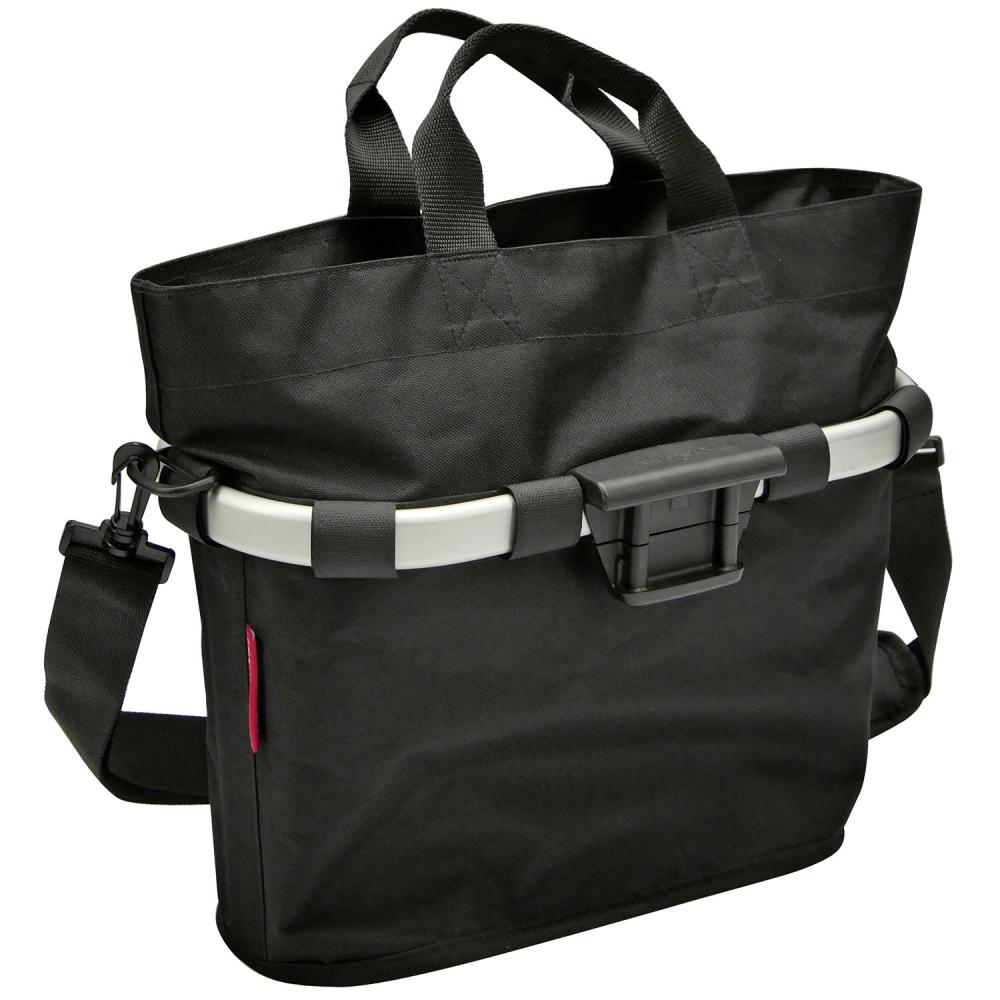 Schwarze KLICKfix Reisenthel City-Tasche Bikebasket oval mit Tragegriffen und Gurt.