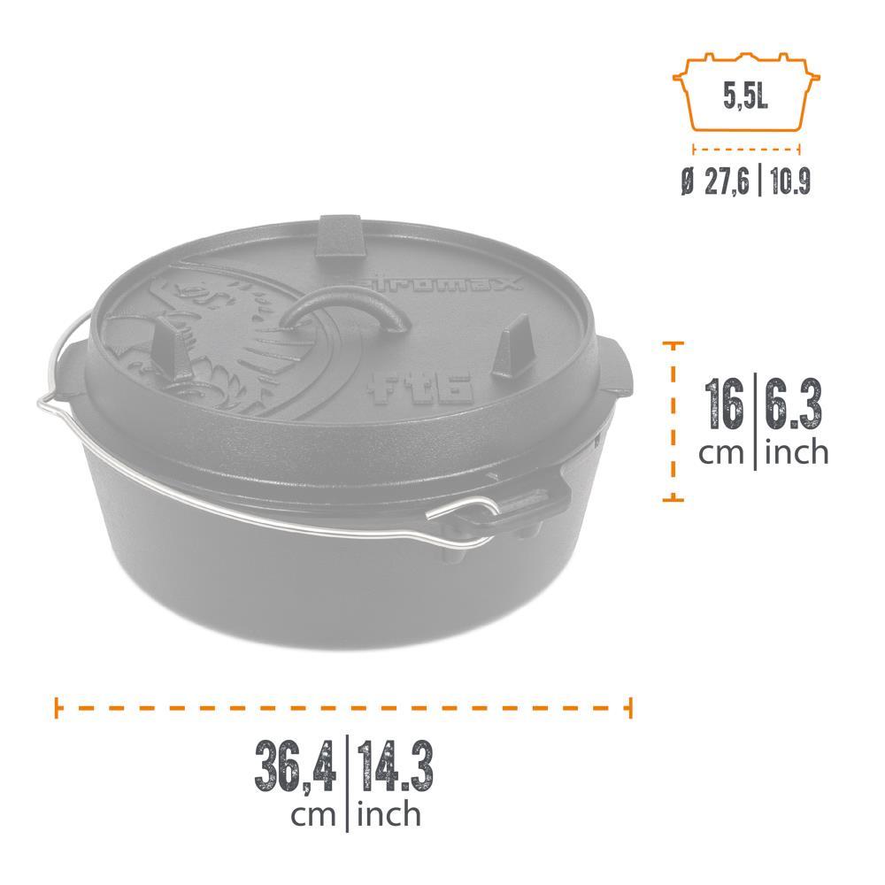 Petromax Feuertopf ft6-t: Gusseiserner Dutch Oven, 5,5 l, für 48 Personen, ideal für Lagerfeuer, Grill, Backofen und Herd, ohne Füße, sofort einsatzbereit