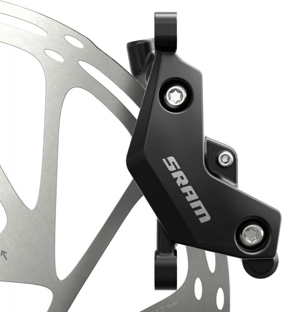 Schwarze SRAM DB4 Scheibenbremse hinten mit silberner Bremsscheibe. Leistungsstark für Trail & Enduro.