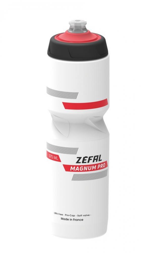 Zefal Magnum Pro 975ml Trinkflasche in Weiß mit roten und schwarzen Akzenten, BPA-frei, Made in France.