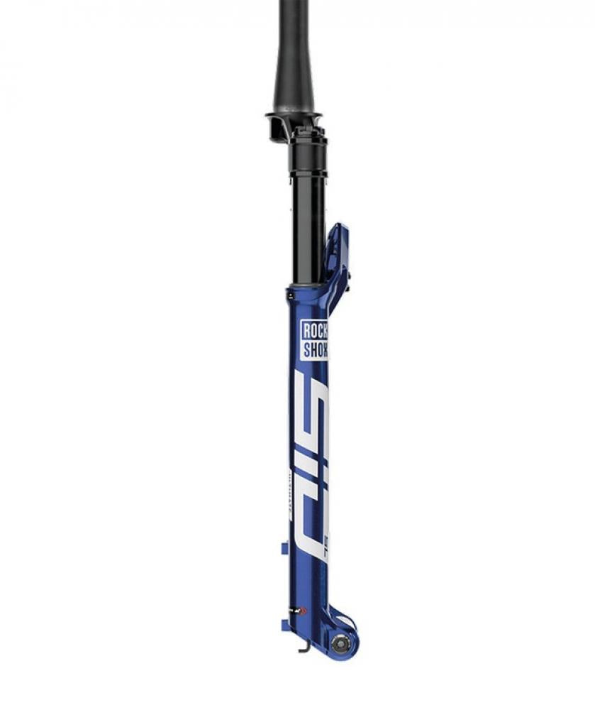 Blaue Rockshox SID Federgabel mit Remote-Lockout, Vorderansicht.