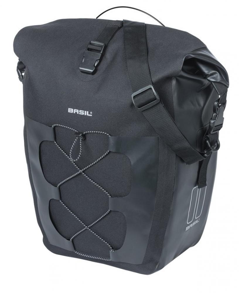 Basil Navigator Waterproof L MIK Studs - Einzelfahrradtasche 22 l, schwarz (Tarpaulin + 600D Polyester, wasserdicht IPX3, Rollverschluss, reflektierendes Gummiband)