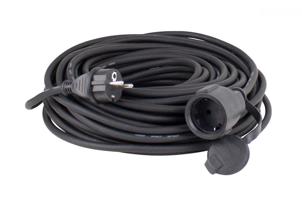 AS Schwabe Gummi-Verlängerungskabel 10 m, H05RR-F 3G1,5, IP44, schwarz, 230 V/16 A, Schutzkontaktstecker mit Schutzkappe