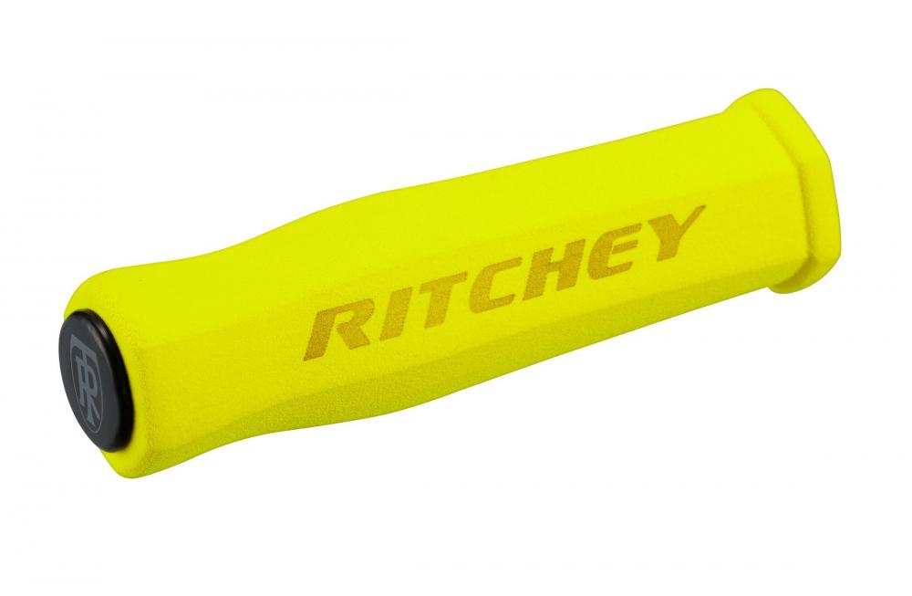 Ritchey WCS Truegrip Fahrradgriff in leuchtendem Gelb, 130mm, mit schwarzer Endkappe und Ritchey-Logo.
