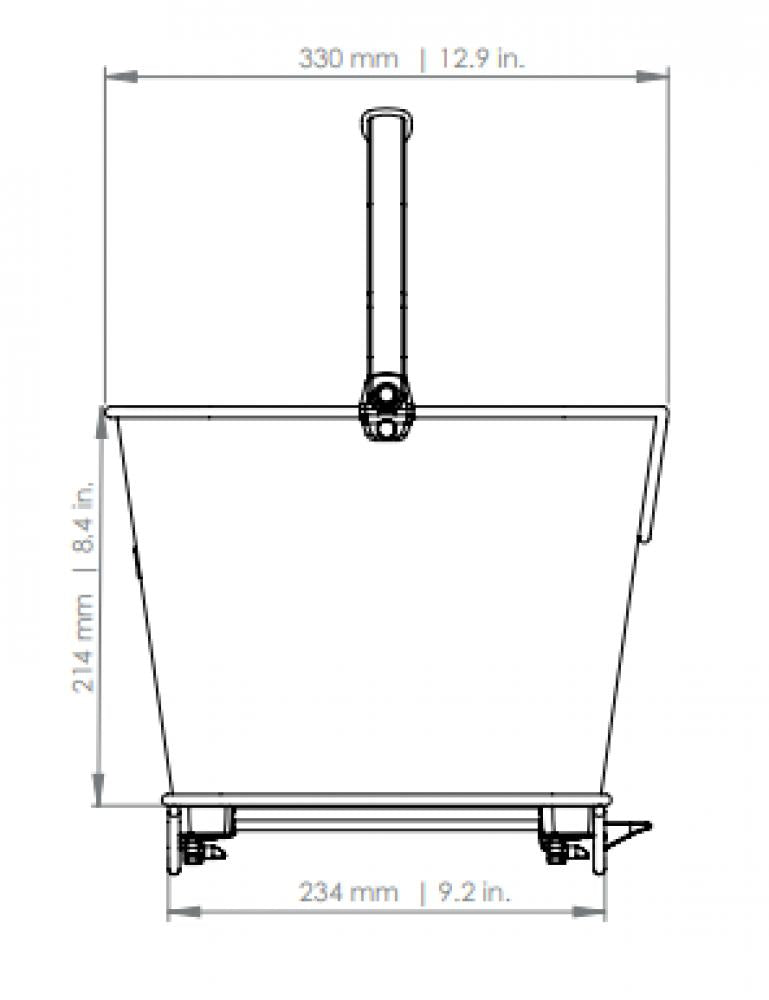 Maßzeichnung Racktime Bask-it Deluxe Fahrradkorb, 23L, Snapit-System, gummierter Griff für Einkäufe.