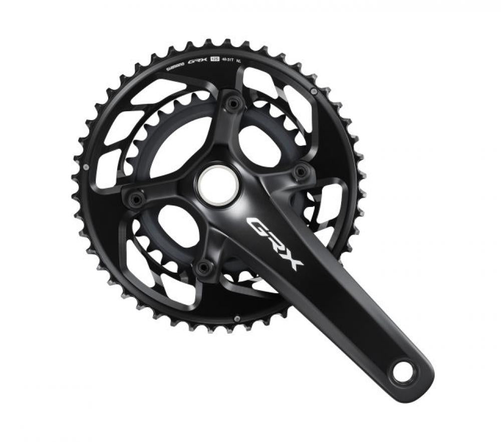 Schwarze SHIMANO GRX FC-RX820-2 Kurbelgarnitur mit zwei Kettenblättern, 172,5 mm.