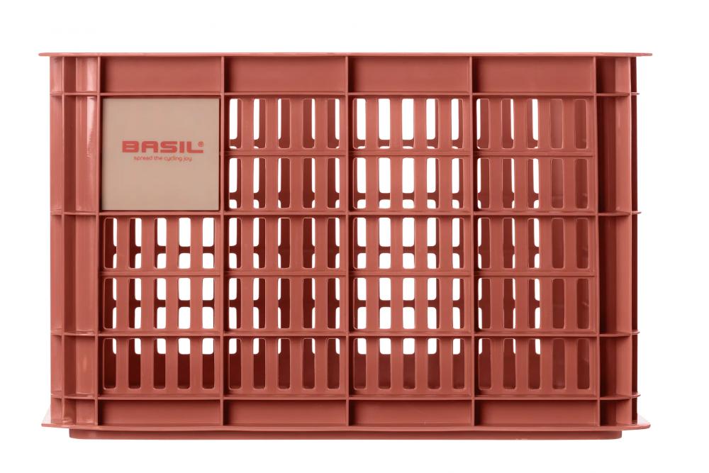 Rote Basil Crate M Fahrradkiste aus recyceltem Kunststoff (29,5L) mit Basil-Logo, kompatibel mit MIK-Platten.