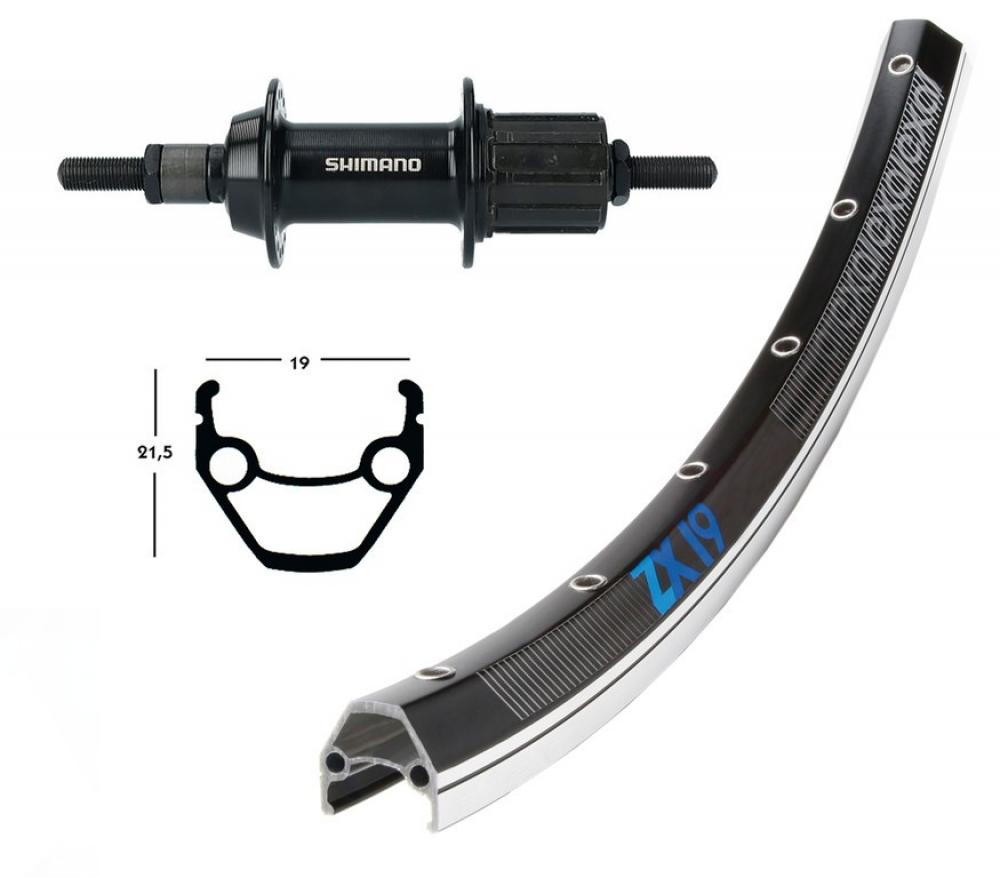 Hinterrad 28 Zoll mit Shimano TY500 Nabe, Exal ZX 19 Felge schwarz/silber, 36-Loch, 7-fach, Vollachse.