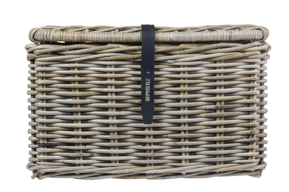 Basil Dax L Vorderradkorb aus grauem Rattan mit Deckel, grob geflochten, bis 5 kg Traglast.