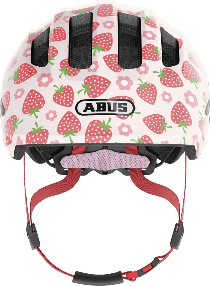 Abus Kinderhelm Smiley 3.0 LED Erdbeere, weiß-rosa, Gr. M (50-55cm), rote Riemen und ABUS Logo.