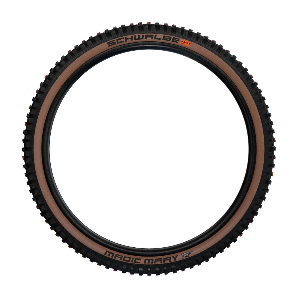 Schwalbe Magic Mary Evolution Faltreifen Super Gravity MTB Reifen, schwarz mit brauner Seitenwand.