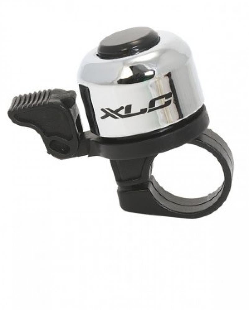XLC Miniklingel DD-M01 silber, glänzende Fahrradklingel mit schwarzem Knopf und Halterung.