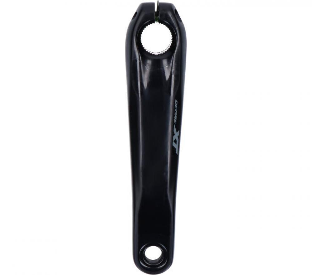 Schwarzer Shimano Deore XT Kurbelarm FC-M8100 links mit 175 mm Länge in der Vorderansicht.